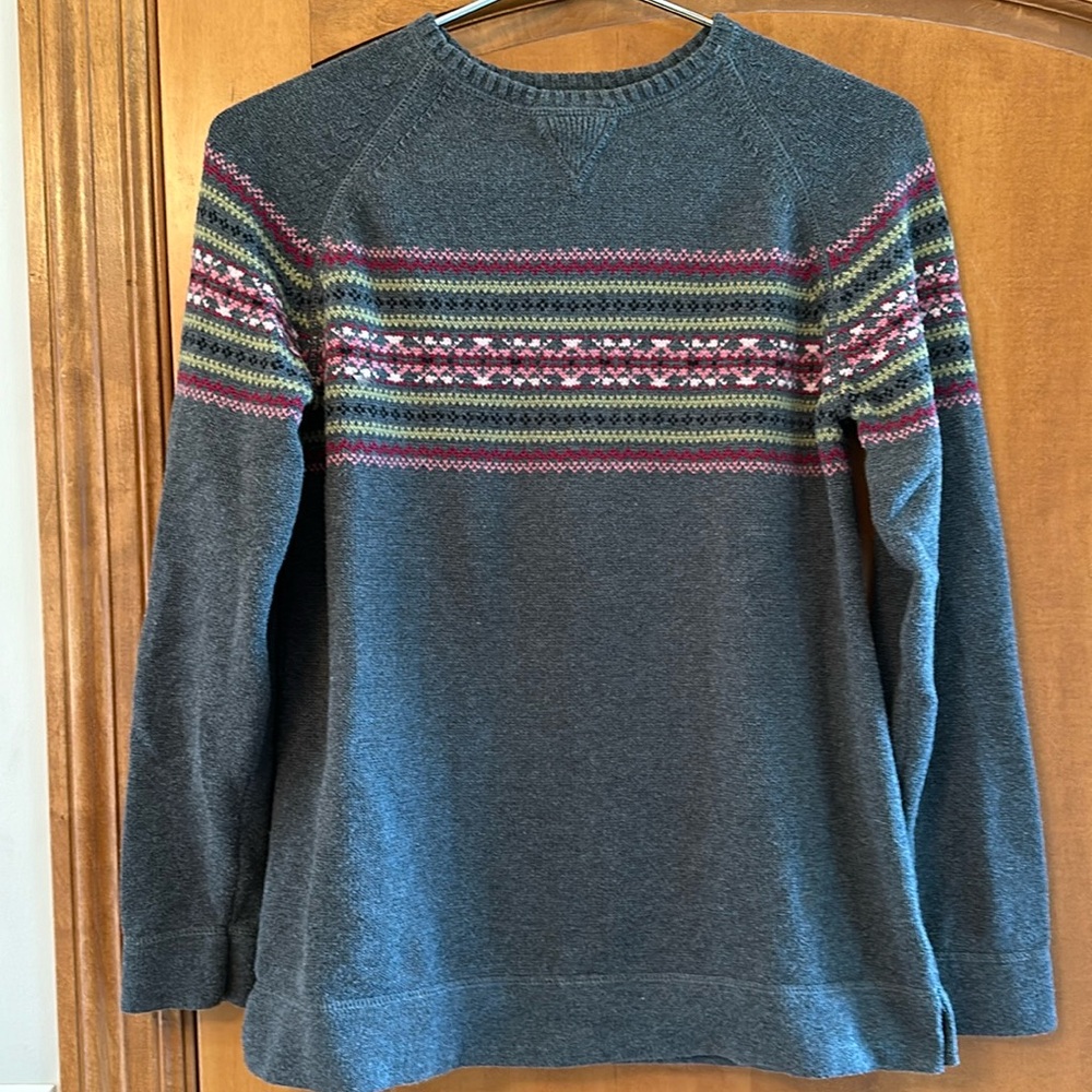 Eddie Bauer Gray Fair Isle Knit Cotton Crewneck Sweater Women's Medium Tall